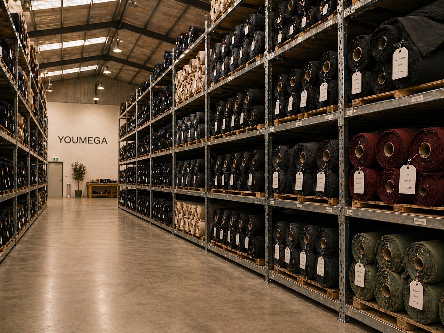 Xiamen Mega Garment facility — cutting floor and fabric rolls