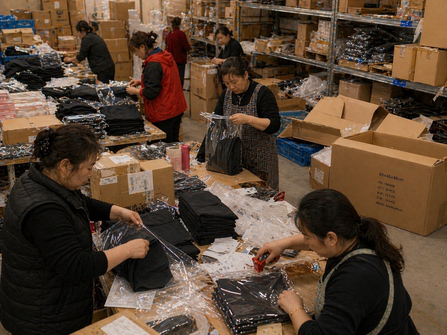 Packaging station with hangtags and polybags