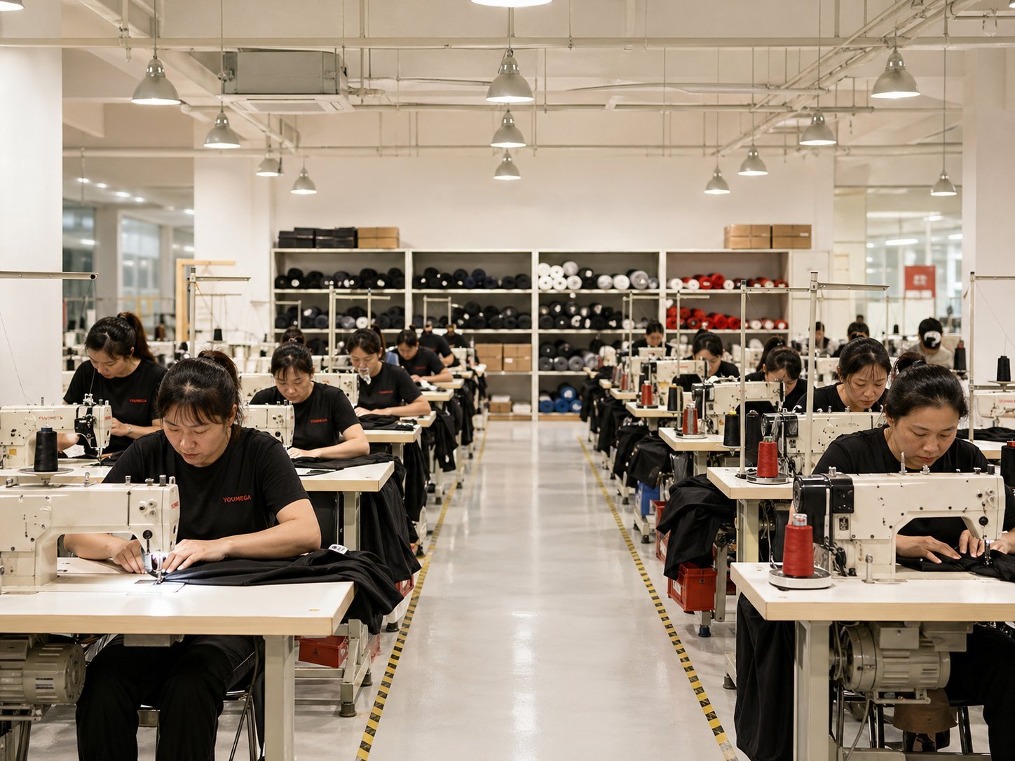 Bright clean sewing floor with rows of industrial machines
