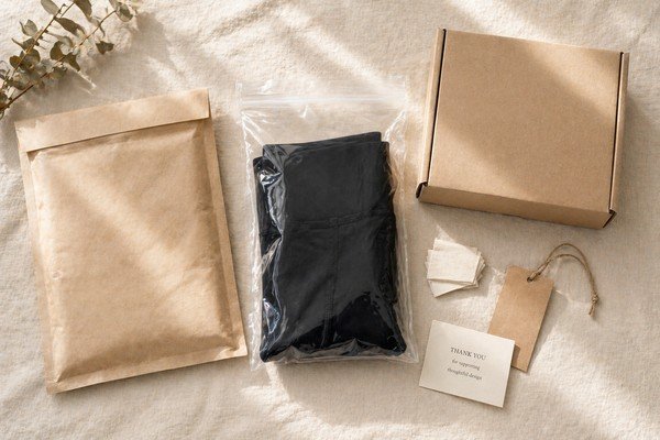 Componentes de empaque para ropa deportiva marca privada en flat lay