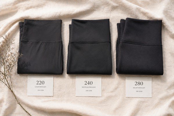 Comparación de muestras de tela de legging de 220, 240 y 280 GSM