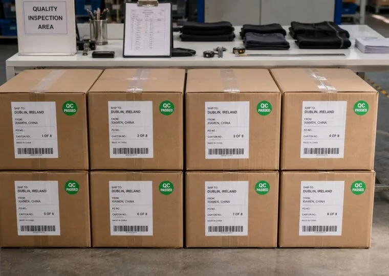 Eight cartons ready to ship from Xiamen to Dublin Ireland — POWERCUT quality inspection passed, replacement run after first-order logo defect