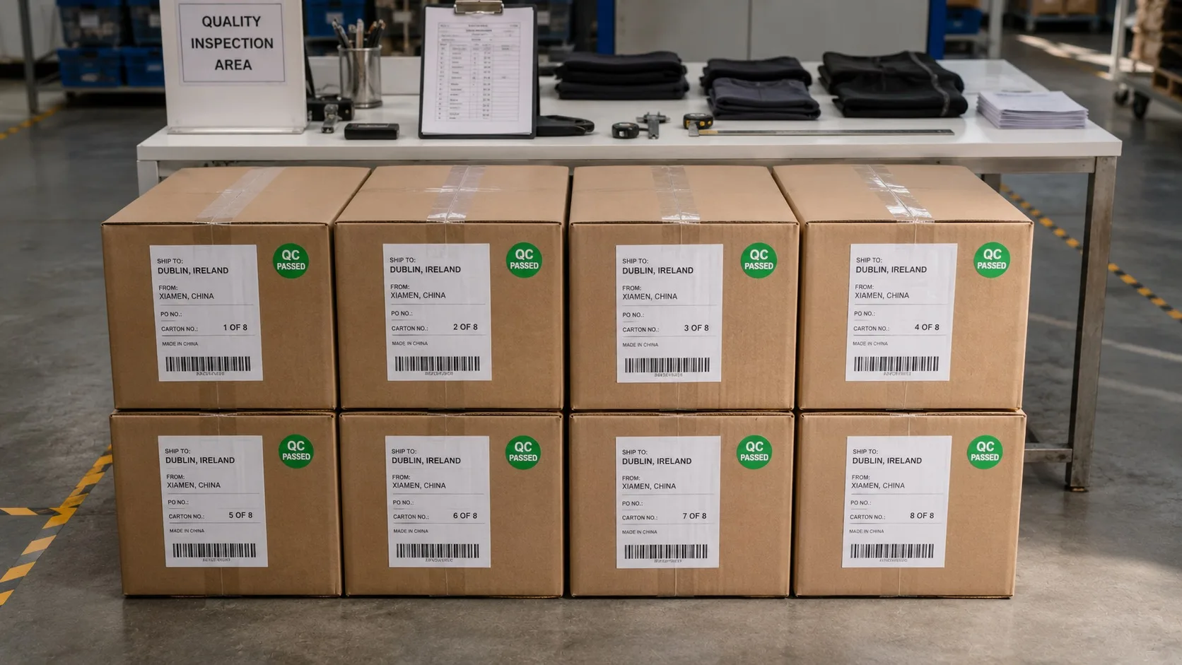 Eight cartons ready to ship from Xiamen to Dublin Ireland — POWERCUT quality inspection passed, replacement run after first-order logo defect