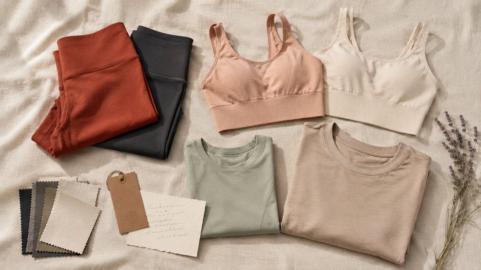 Jousfit lifestyle activewear collection flat-lay — leggings, sports bras and tees in warm tones