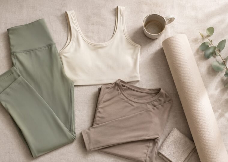 French Pilates studio activewear flat-lay by YOUMEGA — sage leggings, cream tank, taupe long-sleeve in Lyocell-spandex blend