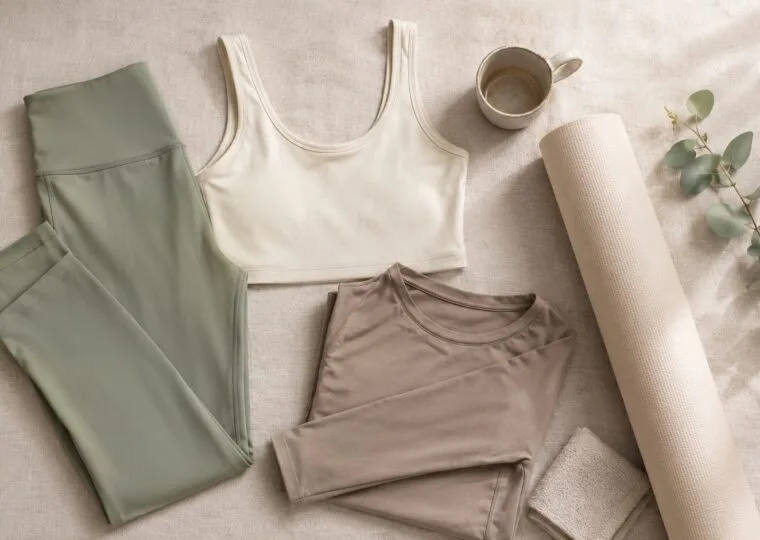 French Pilates studio activewear flat-lay by YOUMEGA — sage leggings, cream tank, taupe long-sleeve in Lyocell-spandex blend