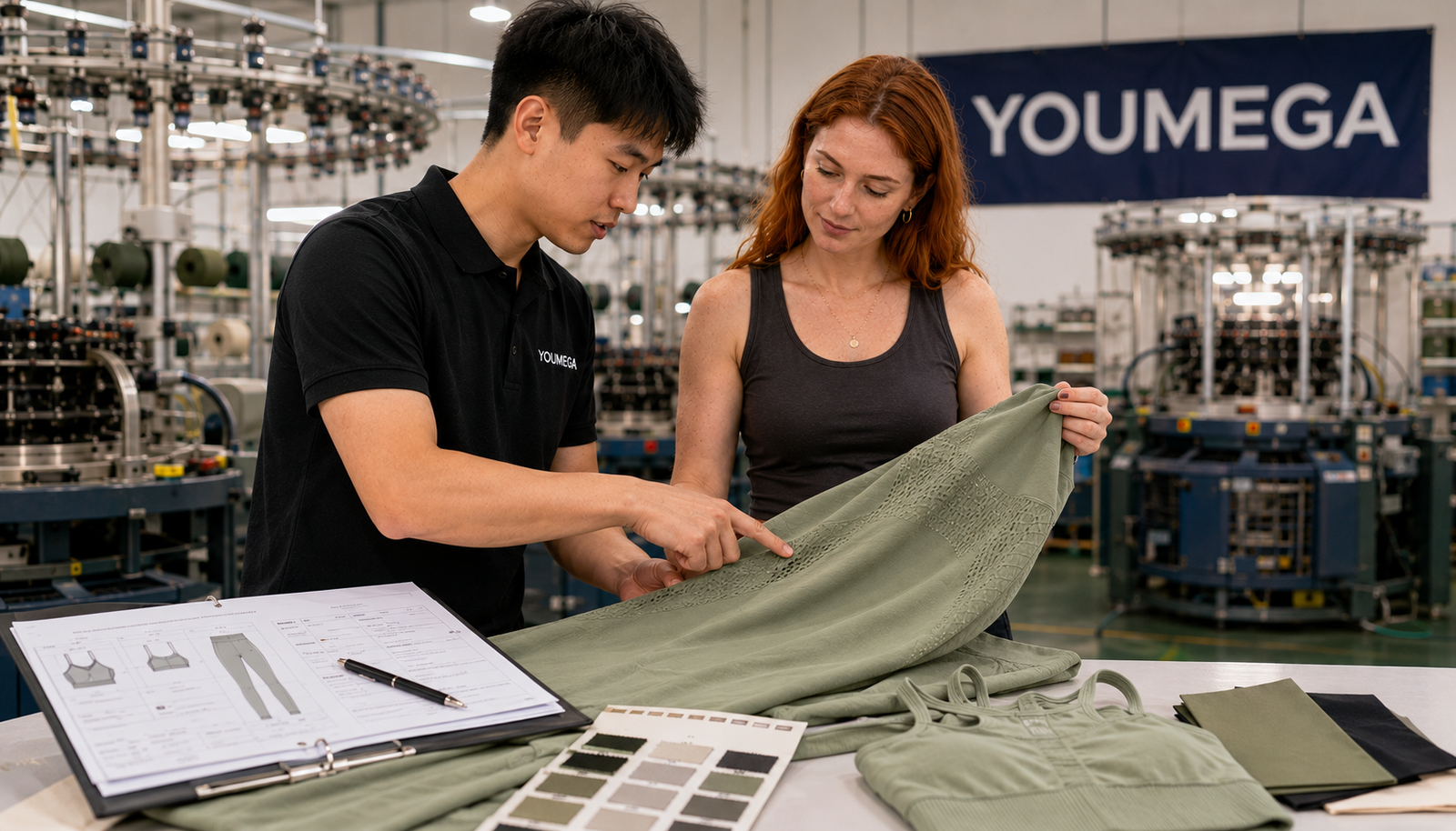YOUMEGA team showing GRS-certified recycled fabric to Australian yoga brand founder