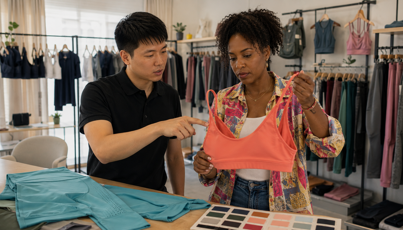 UK brand founder selecting coral colorway sports bra at YOUMEGA showroom