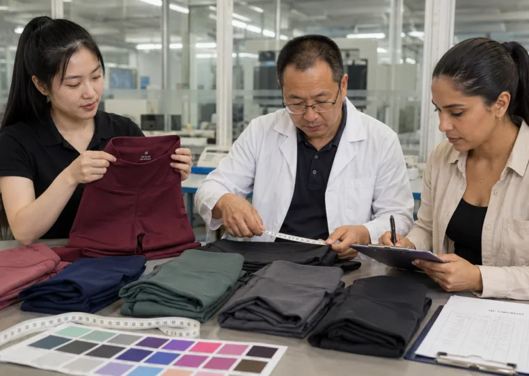 YOUMEGA QC team inspecting activewear with Colombian brand founder