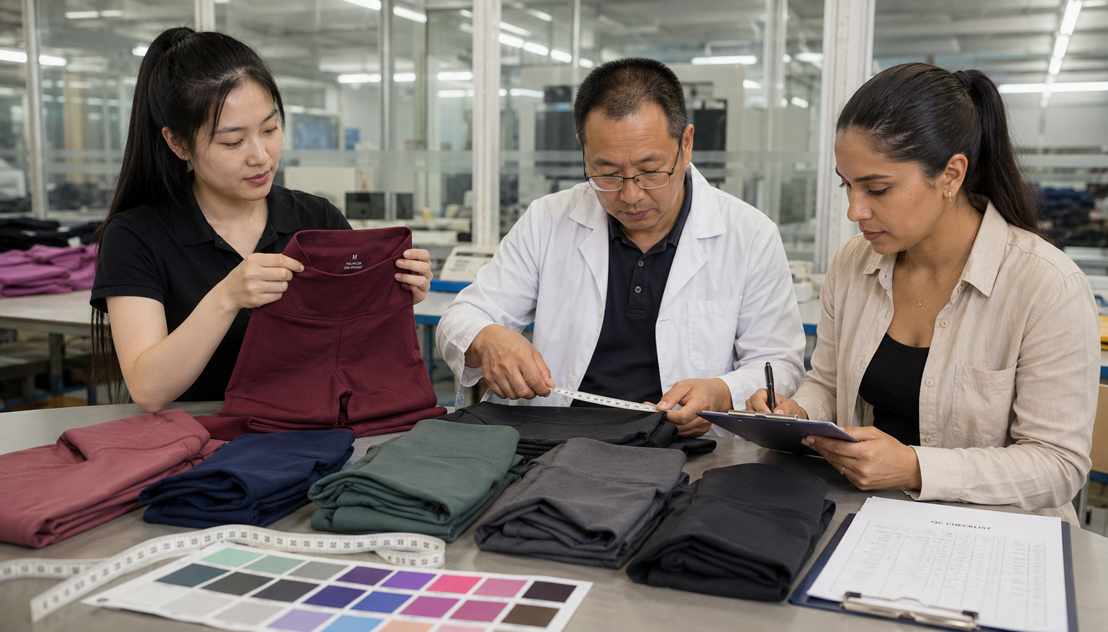 YOUMEGA QC team inspecting activewear with Colombian brand founder