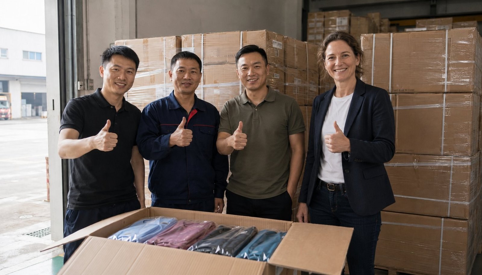Dutch female founder and YOUMEGA team thumbs-up beside first 40HQ container of folded activewear at Xiamen factory
