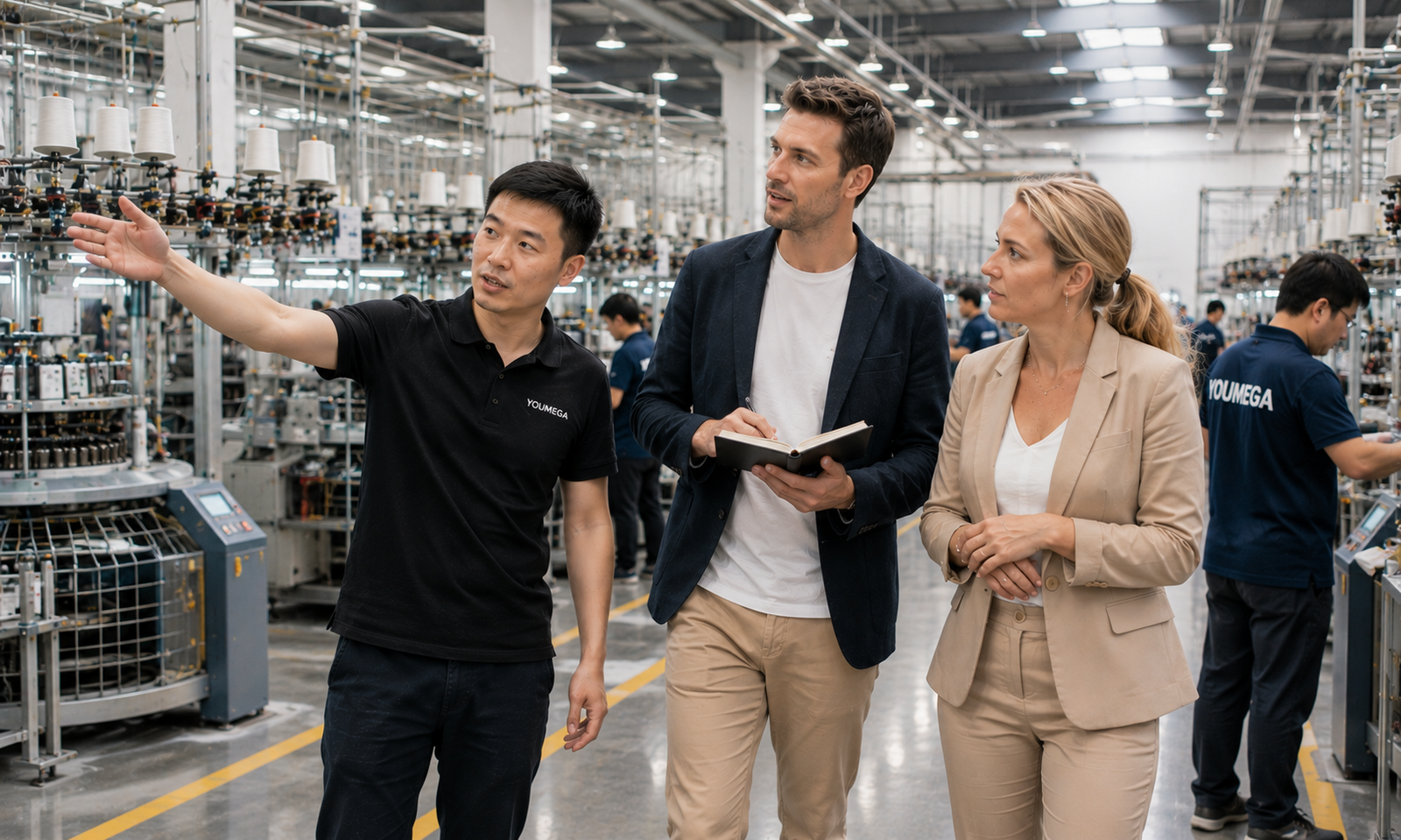 Spanish couple visiting YOUMEGA factory floor in Xiamen