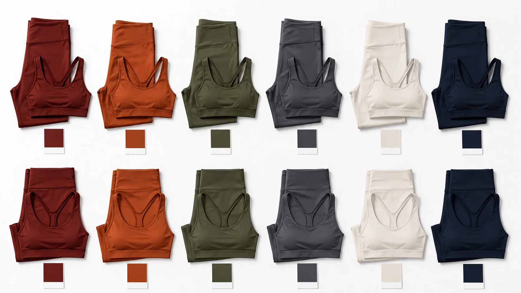 Italian training-wear rebrand by YOUMEGA — six Pantone TCX colors across twelve styles with matching color chip cards, lab-dip approval system