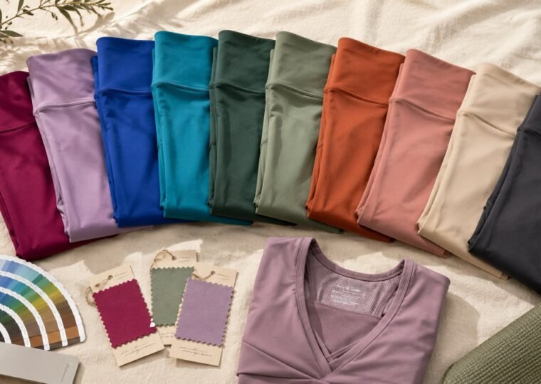 SIN NOMBRE SPORT yoga leggings flat-lay showcasing 10 colorways with Pantone color guide