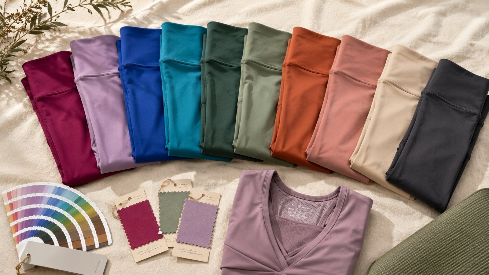 SIN NOMBRE SPORT yoga leggings flat-lay showcasing 10 colorways with Pantone color guide