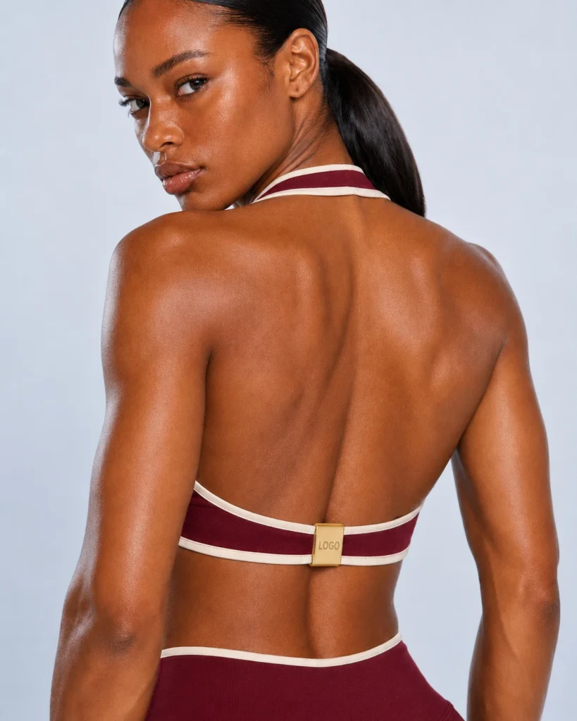 Open-back halter strap - contrast-bind-halter-sports-bra-gold-hardware YOUMEGA product detail