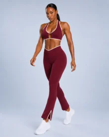 Contrast-Bind Halter Sports Bra with Gold Logo Hardware gallery image 4 - YOUMEGA private label activewear