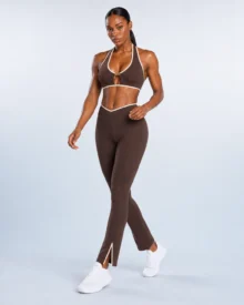 Contrast-Bind Halter Sports Bra with Gold Logo Hardware gallery image 5 - YOUMEGA private label activewear