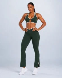 Contrast-Bind Halter Sports Bra with Gold Logo Hardware gallery image 6 - YOUMEGA private label activewear