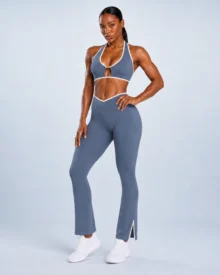 Contrast-Bind Halter Sports Bra with Gold Logo Hardware gallery image 7 - YOUMEGA private label activewear