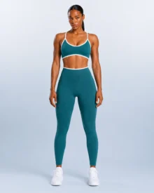 Contrast-Trim Seamless Bra & Leggings Set in Teal / White trim - YOUMEGA private label activewear