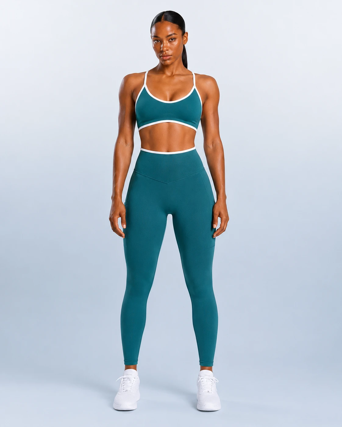 Contrast-Trim Seamless Bra & Leggings Set in Teal / White trim - YOUMEGA private label activewear