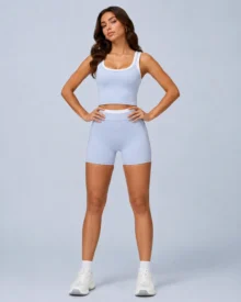 Contrast-Trim Tank Bra & Biker Shorts Set in Light Blue / White trim - YOUMEGA private label activewear