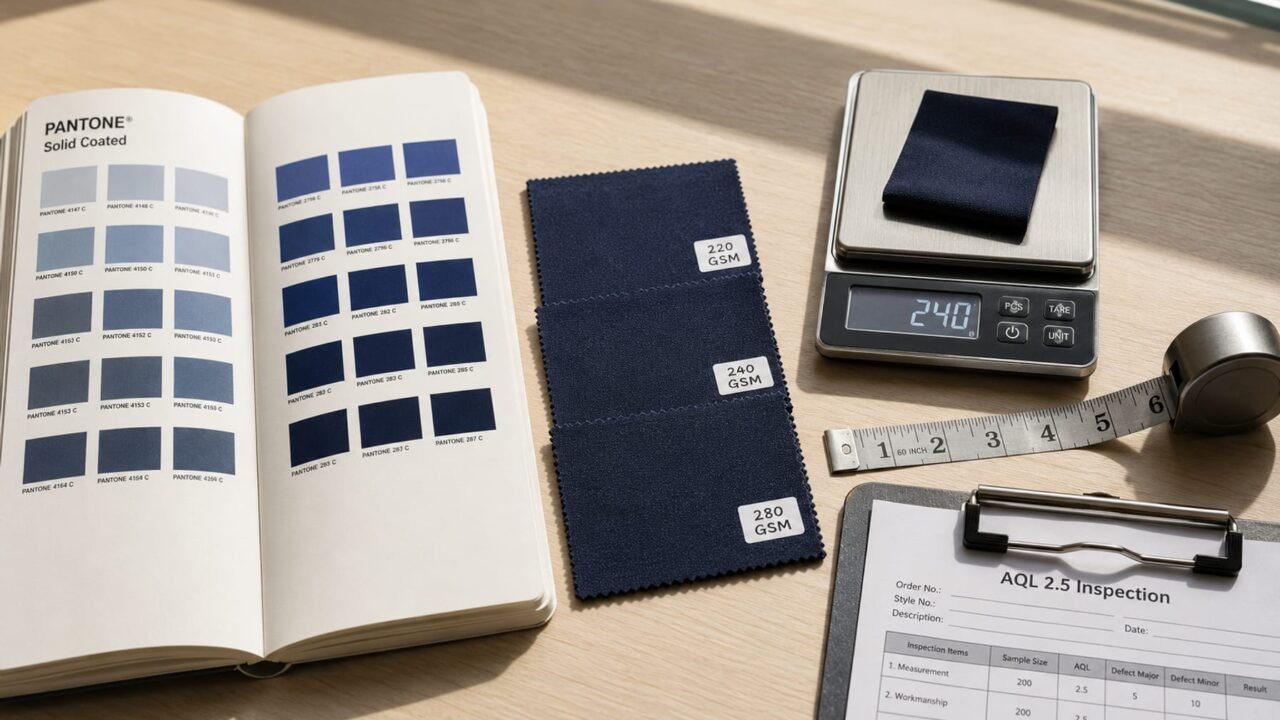 Premium activewear factory evaluation — Pantone color matching, fabric GSM swatches and AQL 2.5 inspection tools at YOUMEGA