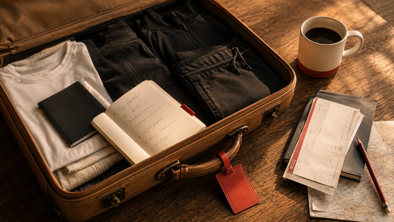 Open tan leather suitcase with neatly folded clothes, notebook with handwritten questions, passport and red luggage tag — illustrating factory visit preparation