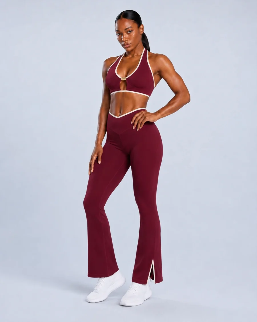 Halter Bra & V-Waist Flare Pants Set - Contrast Trim in Burgundy - YOUMEGA private label activewear