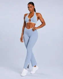 Halter Bra & V-Waist Flare Pants Set - Contrast Trim gallery image 1 - YOUMEGA private label activewear