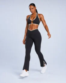 Halter Bra & V-Waist Flare Pants Set - Contrast Trim gallery image 2 - YOUMEGA private label activewear