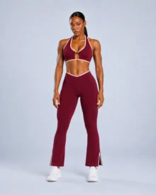 Halter Bra & V-Waist Flare Pants Set - Contrast Trim gallery image 3 - YOUMEGA private label activewear