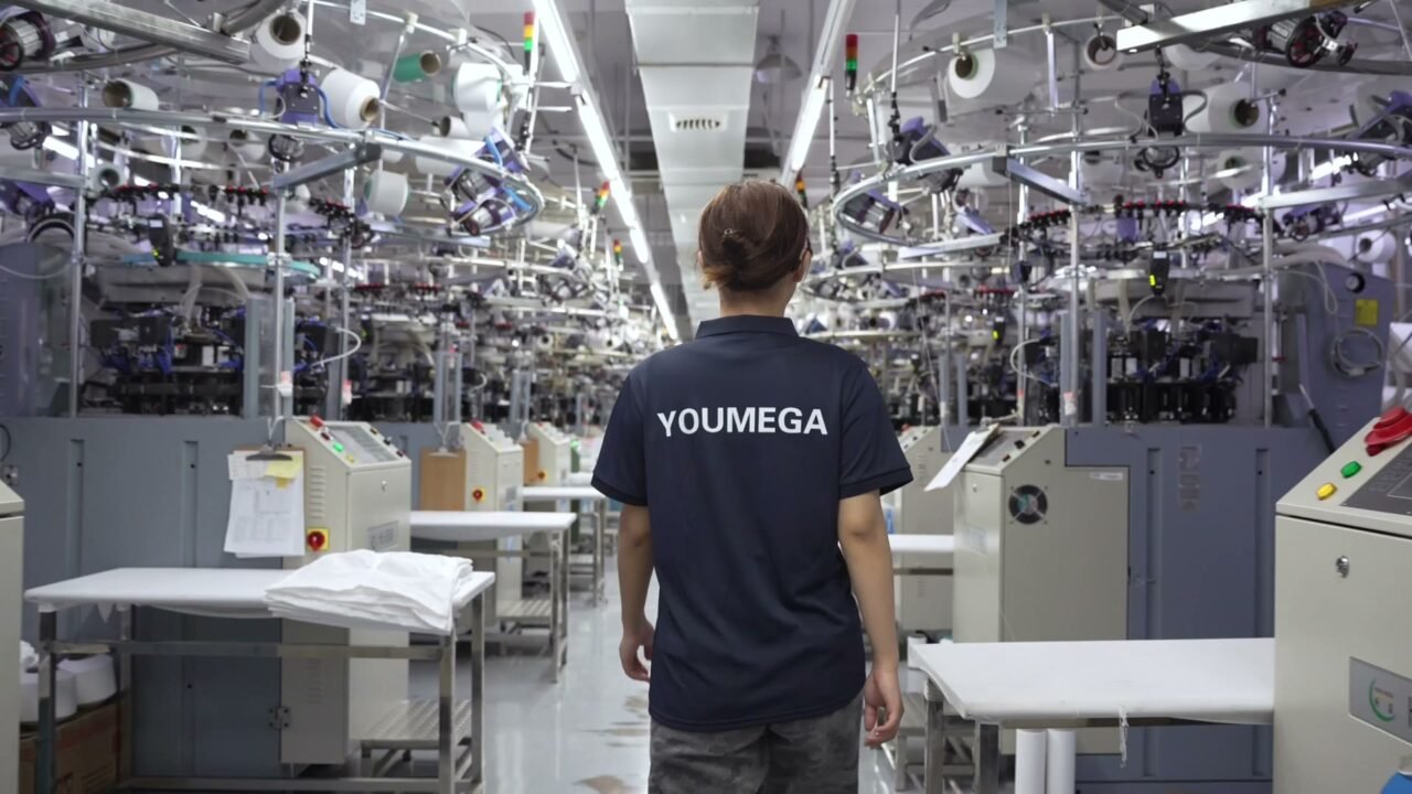 YOUMEGA Xiamen factory floor — premium yoga wear manufacturing, 2.5 AQL inspection, Pantone lab-dip