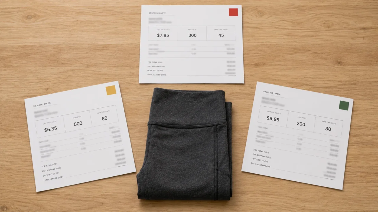 Sourcing comparison desk with one activewear sample and three quote sheets showing different unit prices MOQ and lead times