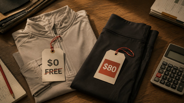 Two folded activewear samples with price tags showing $0 FREE crossed out versus $80 with checkmark — illustrating free versus paid sampling economics