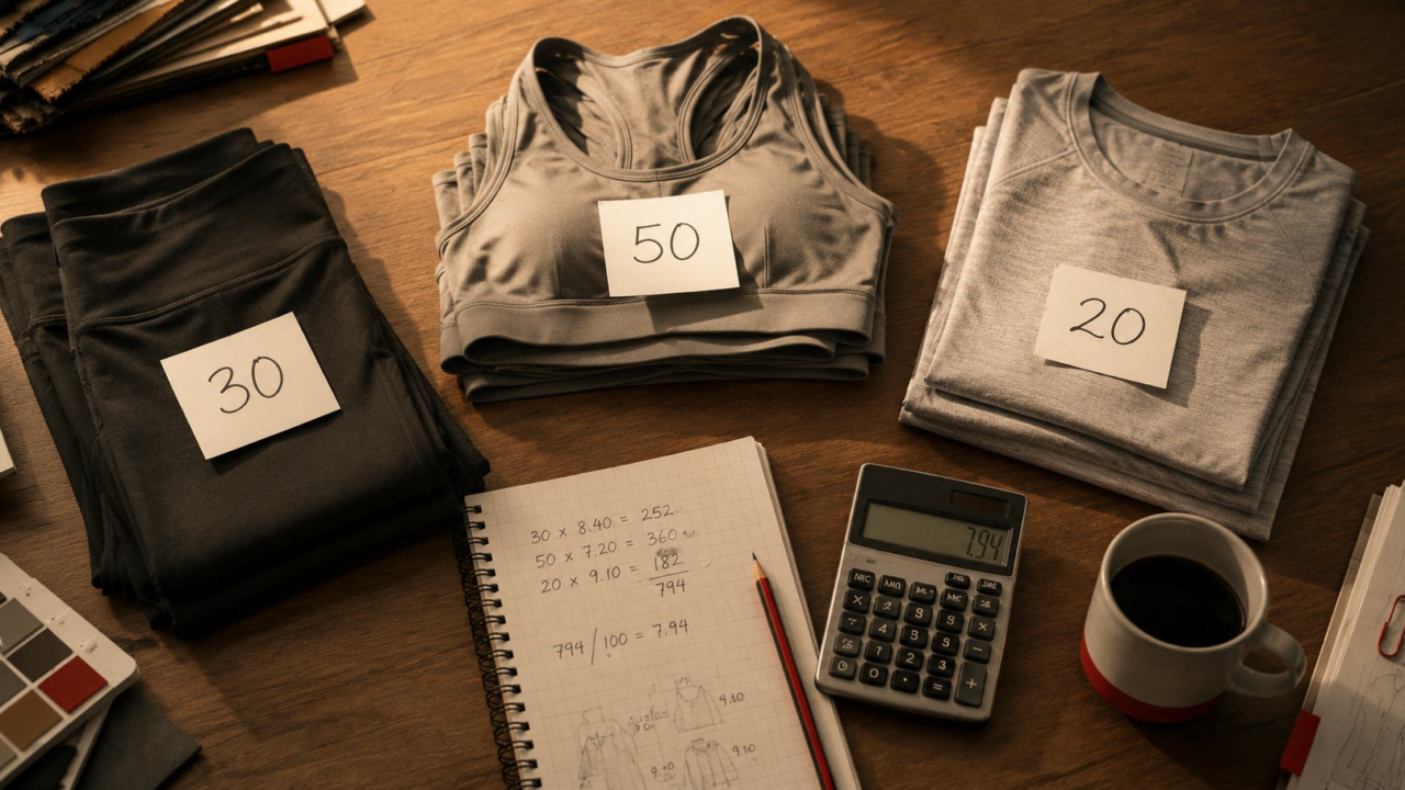 Top-down flat-lay of three folded activewear stacks (leggings, sports bra, training top) with quantity labels 30, 50, 20 — illustrating mixed MOQ orders