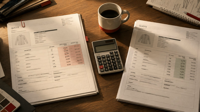 Two factory quote documents side by side on wooden desk with calculator and coffee mug — illustrating MOQ pricing comparison in activewear sourcing