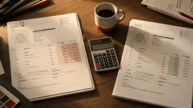 Two factory quote documents side by side on wooden desk with calculator and coffee mug — illustrating MOQ pricing comparison in activewear sourcing
