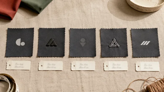 Five activewear fabric swatches showing different logo printing methods including heat transfer silicone 3D embroidery sublimation and screen print
