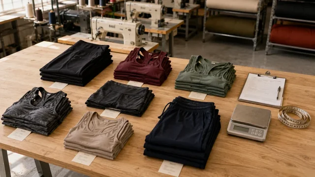 Small-batch activewear production showing multiple colors of leggings sports bras and tank tops on inspection table