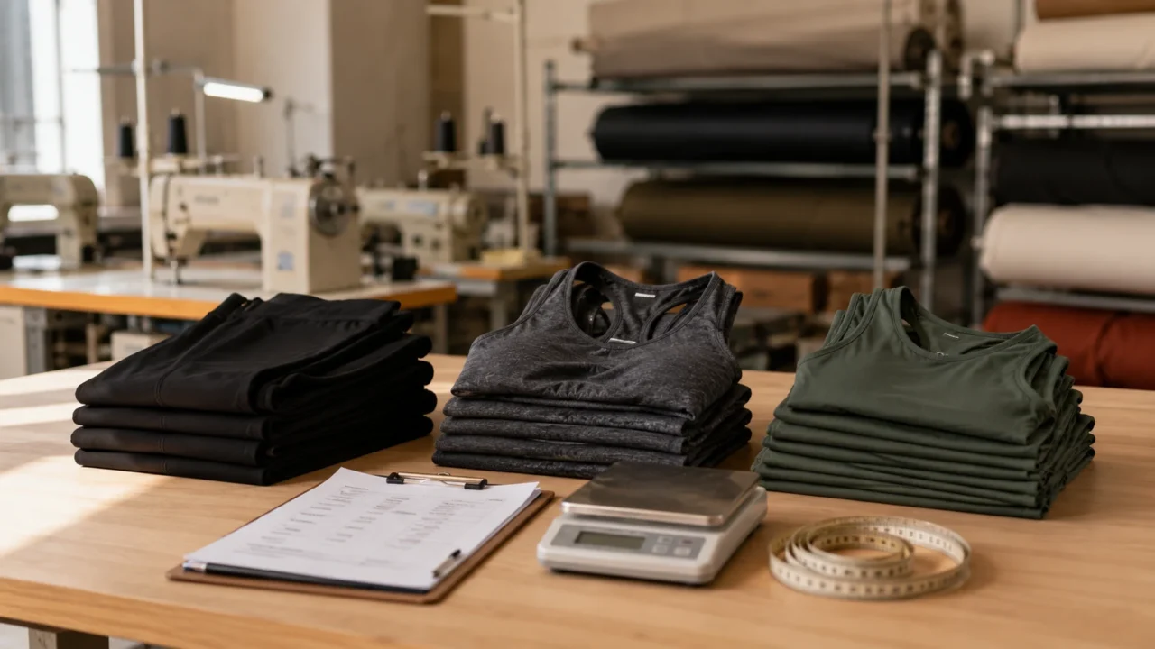 Activewear factory inspection table with folded leggings sports bras and crop tops next to weighing scale and clipboard