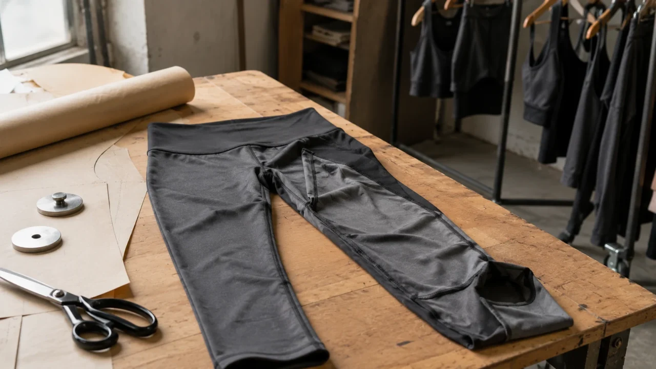 Activewear sample room showing custom pattern paper with scissors and finished leggings next to ready sample rack