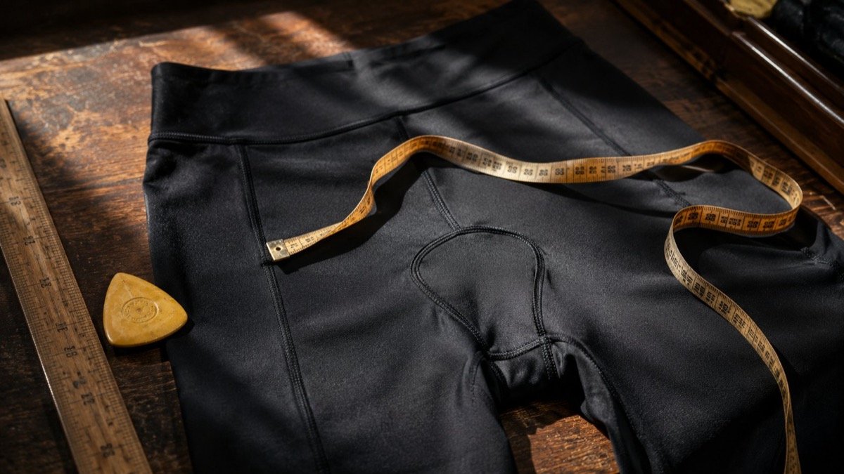 Black activewear leggings laid flat with tailor tape measure and chalk triangle on wooden workbench, illustrating front-rise pattern engineering
