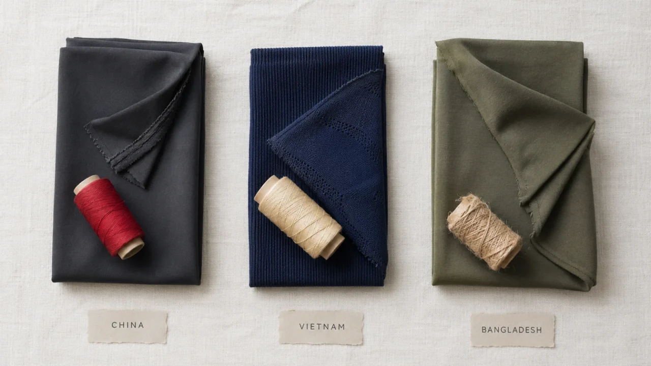 Cover image for the China Vietnam Bangladesh activewear manufacturers comparison guide.