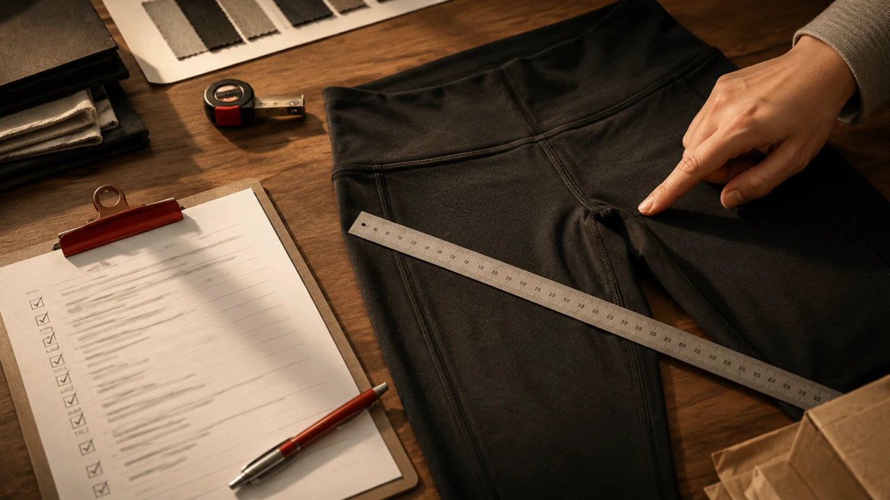 Quality control inspection table with black activewear legging, measuring ruler, clipboard checklist and inspector hands pointing at seam