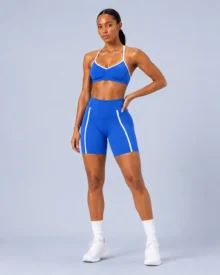 Seamless Strappy Bra & Side-Stripe Biker Shorts Set in Royal Blue - YOUMEGA private label activewear