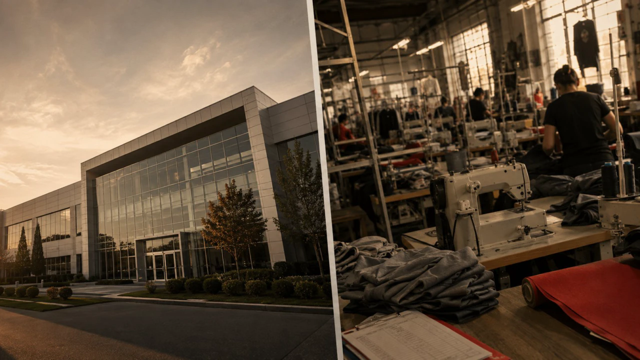 Editorial split image — large modern factory exterior versus busy small workshop interior with sewing machines and fabric — illustrating activewear subcontracting
