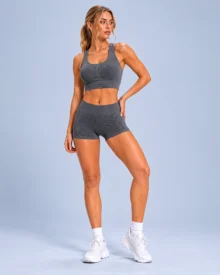 Washed Ribbed Seamless Bra & Shorts Set in Charcoal acid-wash - YOUMEGA private label activewear