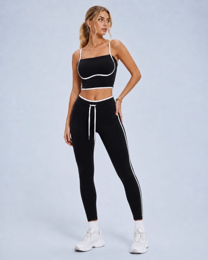 Navy contrast piping crop top and leggings set — front view with white U-curve piping detail